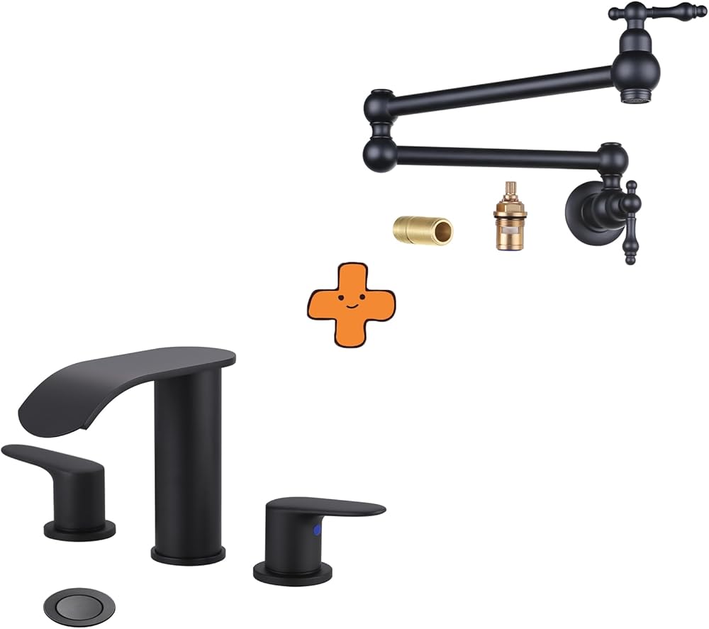 Waterfall Bathroom Faucet 3 Holes 8Inch Widespread Bathroom Sink Faucet and Pot Filler Wall Mount Copper Faucet Matte Black Pot Filler Faucet Rotatable Faucet