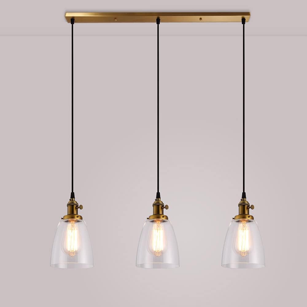 Industrial Kitchen Island Chandelier 3-Lights Cluster Pendant Light, Vintage Hanging Ceiling Lamp with Funnel Clear Glass, Dining Room Restaurant Cafe Bar Suspended Lamps