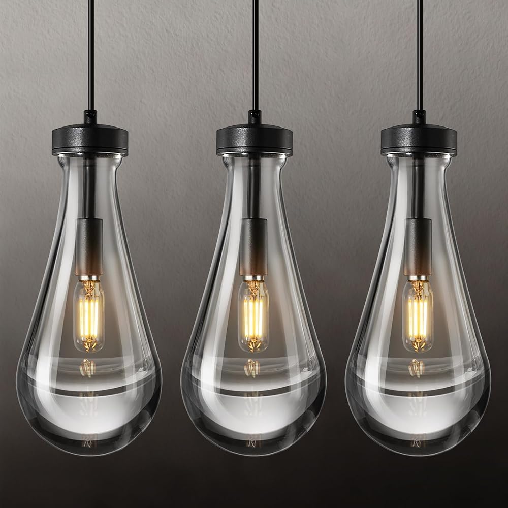 Raindrop Pendant Lights Kitchen Island Set of 3 Teardrop Black Hanging Light Fixtures Clear Solid Glass Pendant Light Modern Chandeliers for Dining Room Porch Corridor Living Room