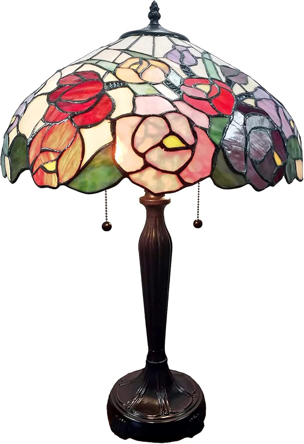 Amora Vintage Tiffany Table Lamp - Roses Table Night Light - Multicolor Glass Nightstand Lamp - 24” Tall Stained Glass Lamp
