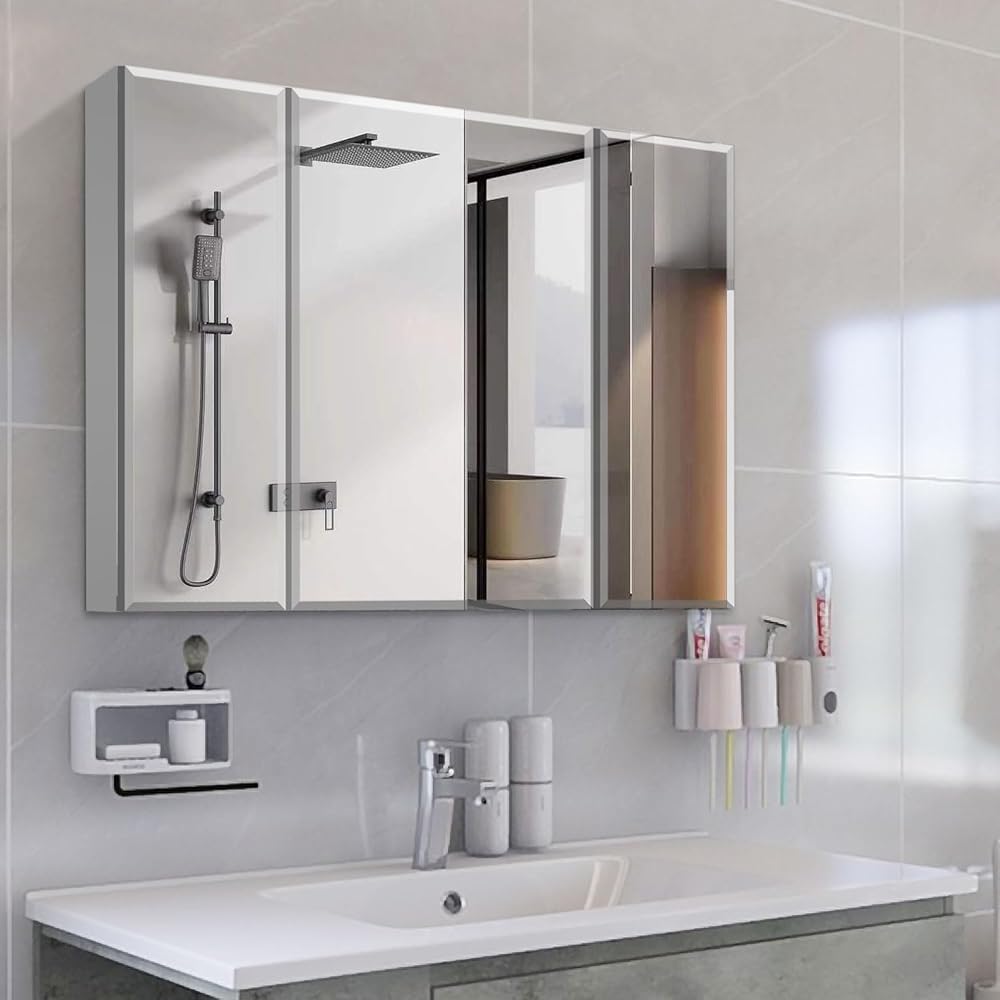 36x26 Inch Medicine Cabinet Vanity Mirror Aluminum Framed with Storage Shelves Recessed and Surface Mount for Bathroom Living Room, Silver