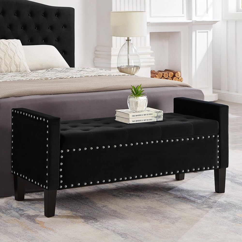 Velvet Storage Ottoman with Armrests, Upholstered Button Tufted Entryway Bench with Nails Trim for Bedroom End of Bed, Living Room, 1, Black