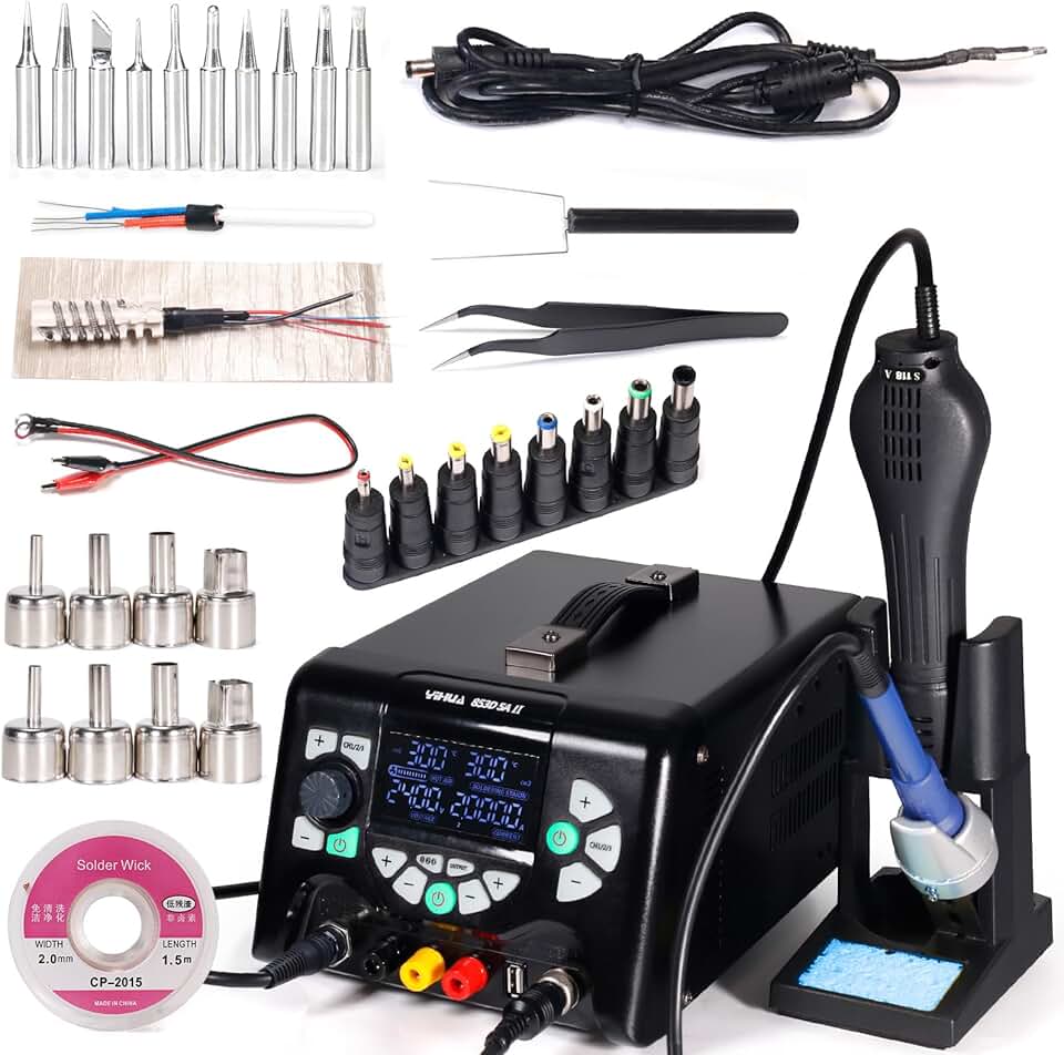 YIHUA 853D 5A-II Professional Soldering, Rework, and Power Supply Station Bundle with #2300 Hot Air Nozzles with Iron Holder, Cleaning Kit, and Accessories (38 Items)