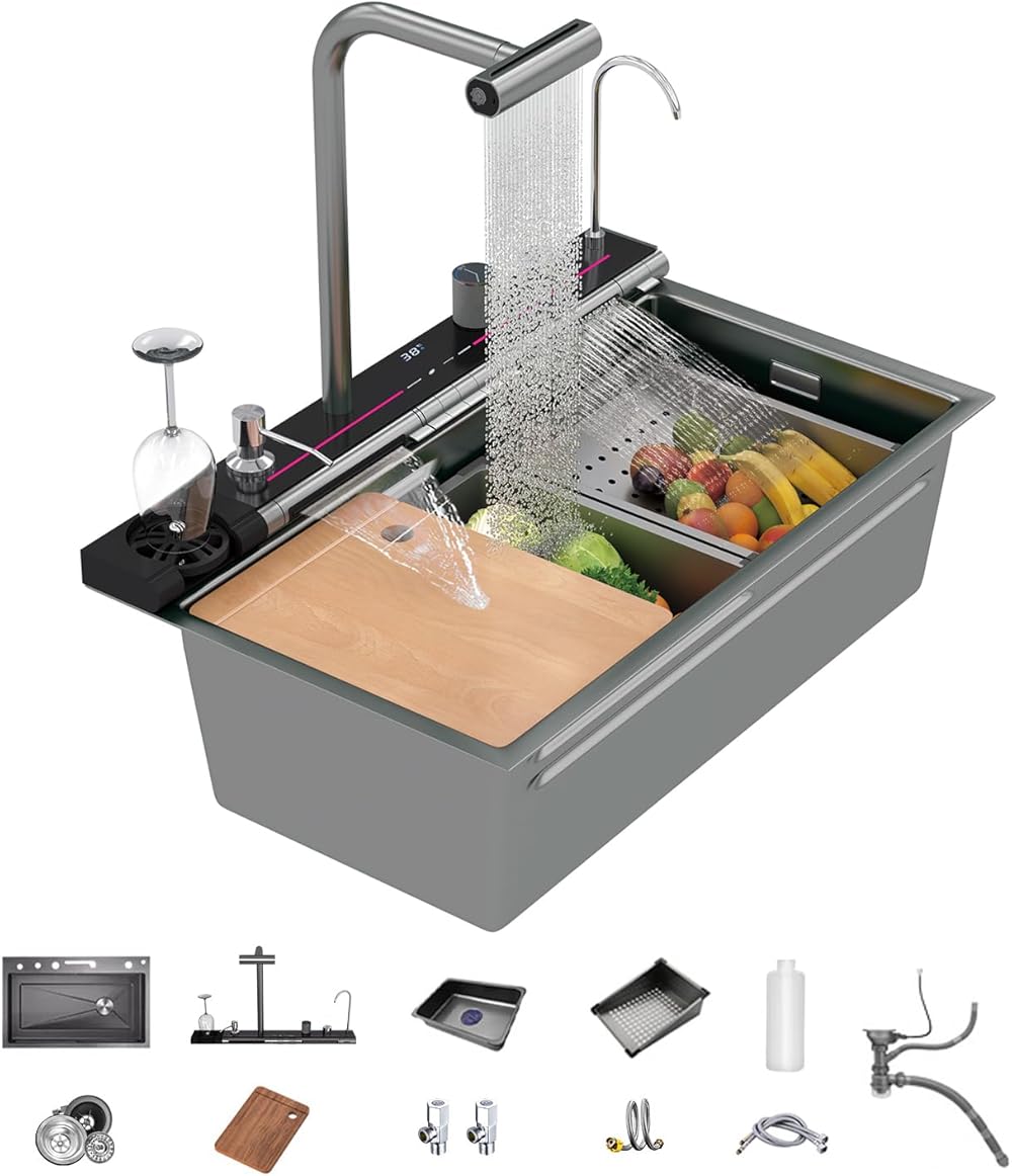Dual Waterfall Kitchen Sink,Modern Kitchen Sink Single Bowl Digital Smart Sink with Soap Dispenser,Stainless Steel Sink with Pull-Out Faucet,Farmhouse Sink with Honeycomb(29.5x18.1in)