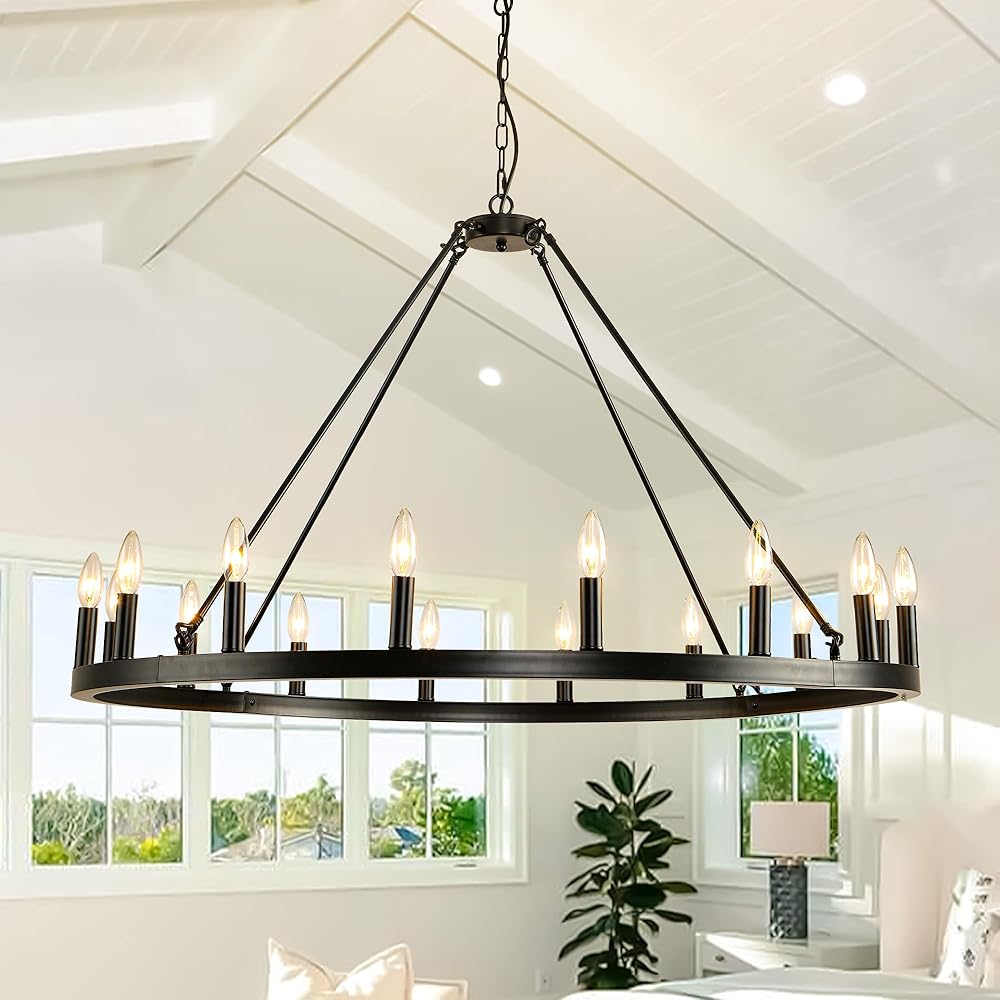 Black Wagon Wheel Chandelier Farmhouse: 16-Light 43 Inch Large Chandeliers for High Ceilings, Round Matte Black Chandelier for Dinning Room, Kitchen Island, Living Room, Foyer, Entryway