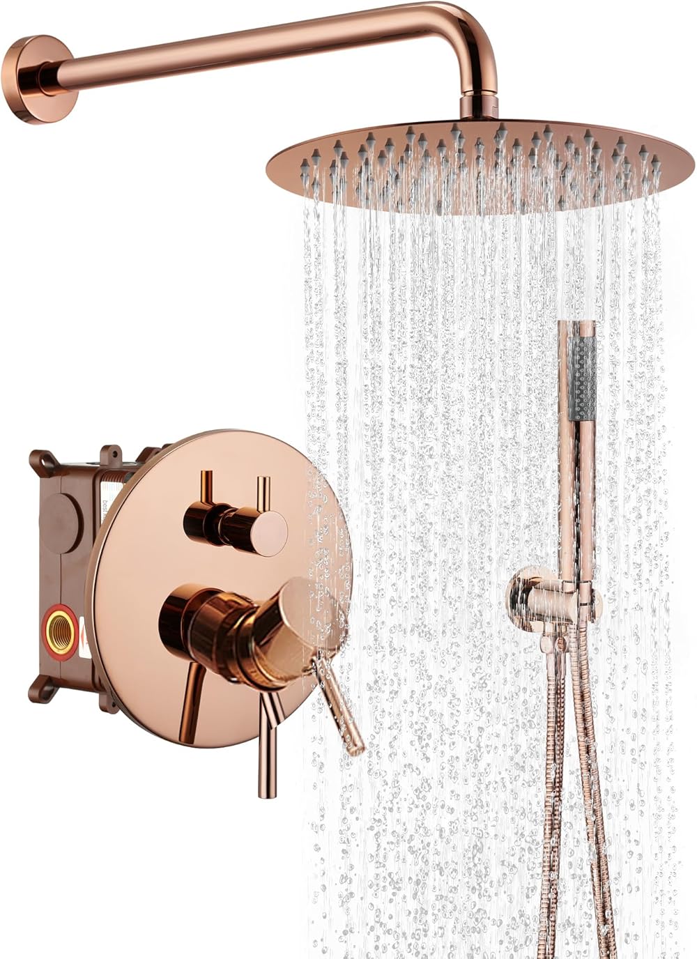 Wall Mounted Shower System, 10 Inch Rainfall Shower Head with Handheld Spray, Luxury Brass Rain Shower Set Complete, Bathroom Shower Faucet System - Round Rose Gold