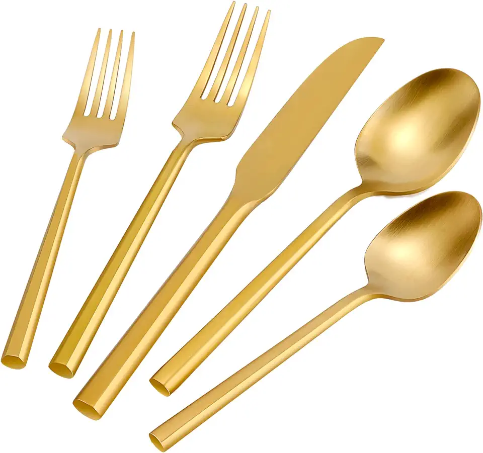 Silverware Set Flatware Set Matte Gold Cutlery Set Heavy Hexagon Handle Stainless Steel 60 Pieces Dishwasher Safe Service for 12