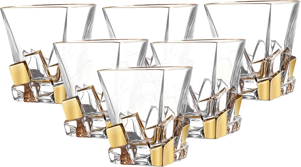Barski - European Quality Glass - Crystal - Set of 6 - Square Shaped - Double Old Fashioned Tumblers - DOF - 11.7 oz. - with Gold Ice Cubes Design - Glasses are Made in Europe