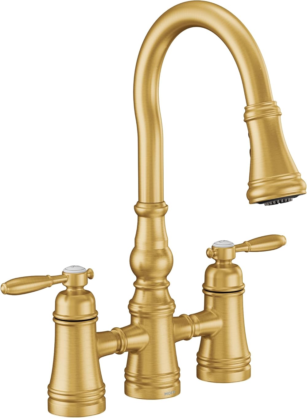 Moen S73204BG Weymouth Two Handle Pulldown Bridge Kitchen Faucet, Brushed Gold