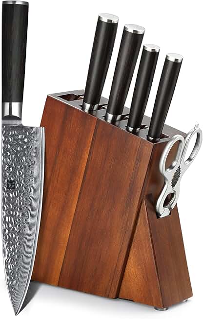 XINZUO 7-Piece Knife Block Set, Super Damascus Steel Kitchen Knife Set with Block,Professional Knife Set for Chefs&Home Cooking,Pakkawood Handle,Chef Gift Box-He Series