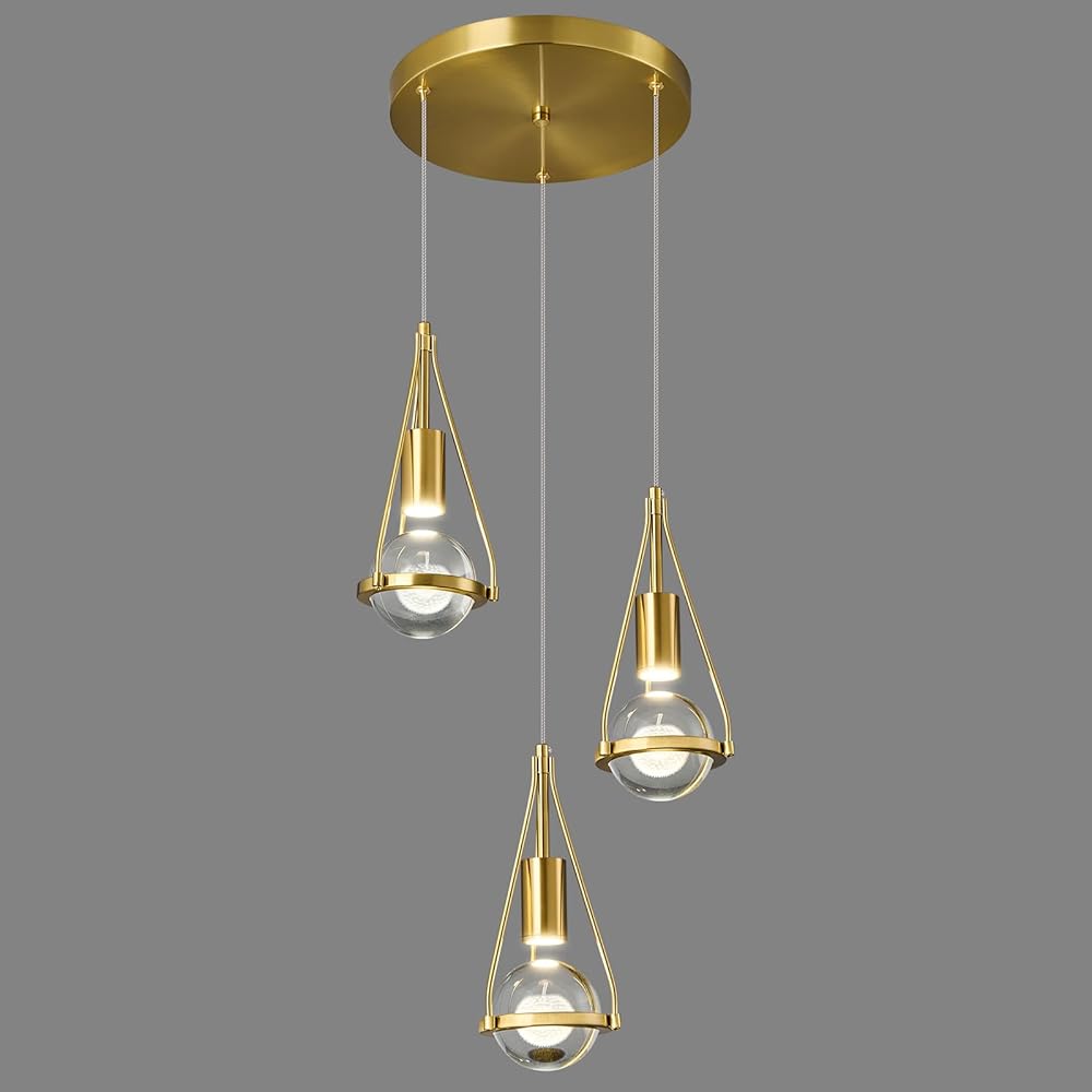 Gold Dandelion Pendant Light in Brushed Brass Finish, 3-Light Modern Crystal Kitchen Island Pendant Lighting Dimmable LED Hanging Ceiling Light Fixture for Bathroom Bedroom