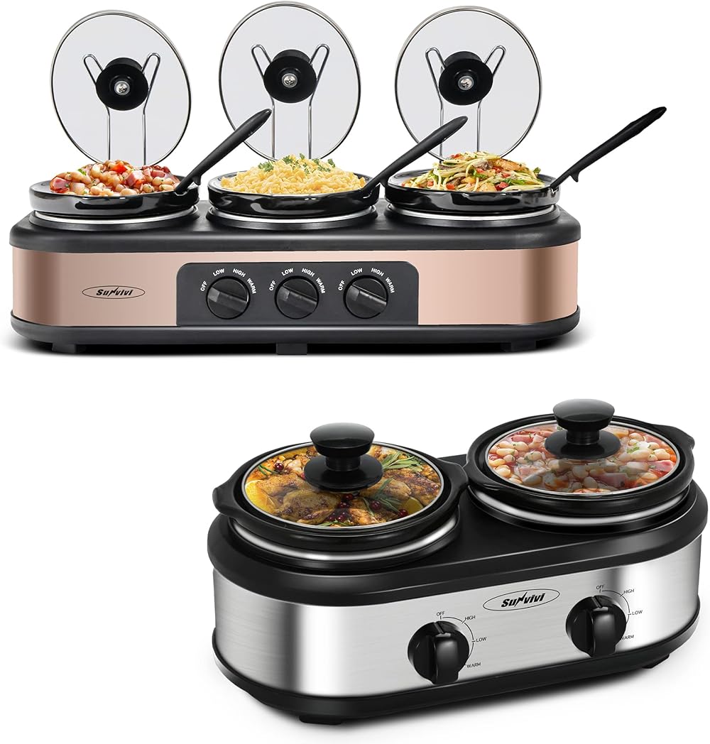 Slow Cooker, Dual and Triple Slow Cooker Buffet Server Multiple Pot Food Warmer, Slow Cooker Buffet Food Warmer Adjustable Temp Lid Rests Stainless Steel