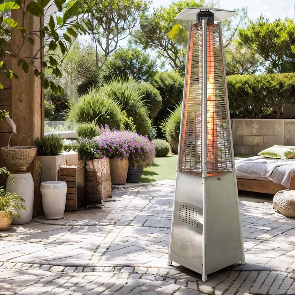 Outdoor Heater, 42,000 BTU Pyramid Glass Tube Propane Patio Heaters with w/Wheels Cover & Triple Protection System,Stainless Steel Burner