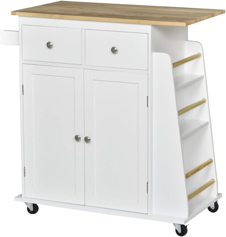 GYLXW Rolling Kitchen Island Storage Trolley with 3-Tier Spice Rack and Rubber Wood Top for Dining Room 89x45x89.5 Cm White