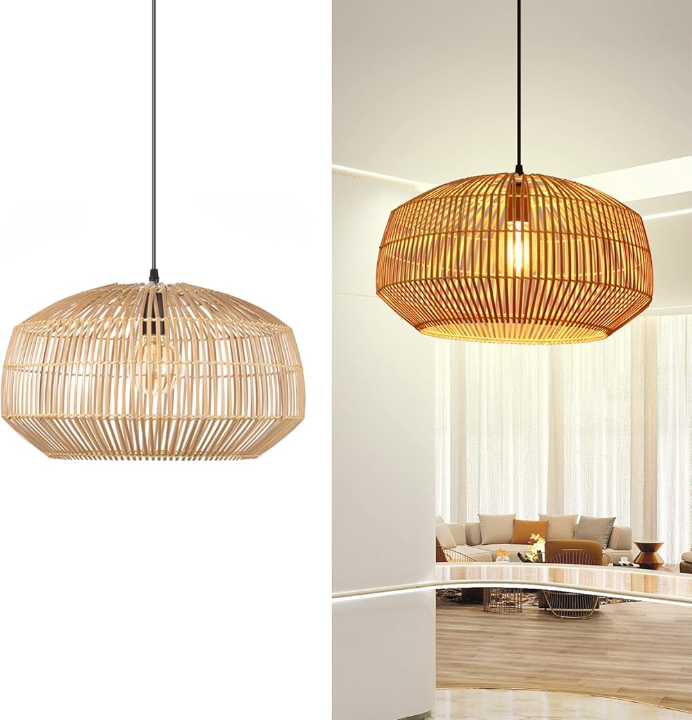 Arturesthome Bamboo Chandelier Rattan Wicker Pendant Light Fixtures, Retro Boho Hanging Ceiling Lighting Lamp Bedroom Kitchen Cafe Bar