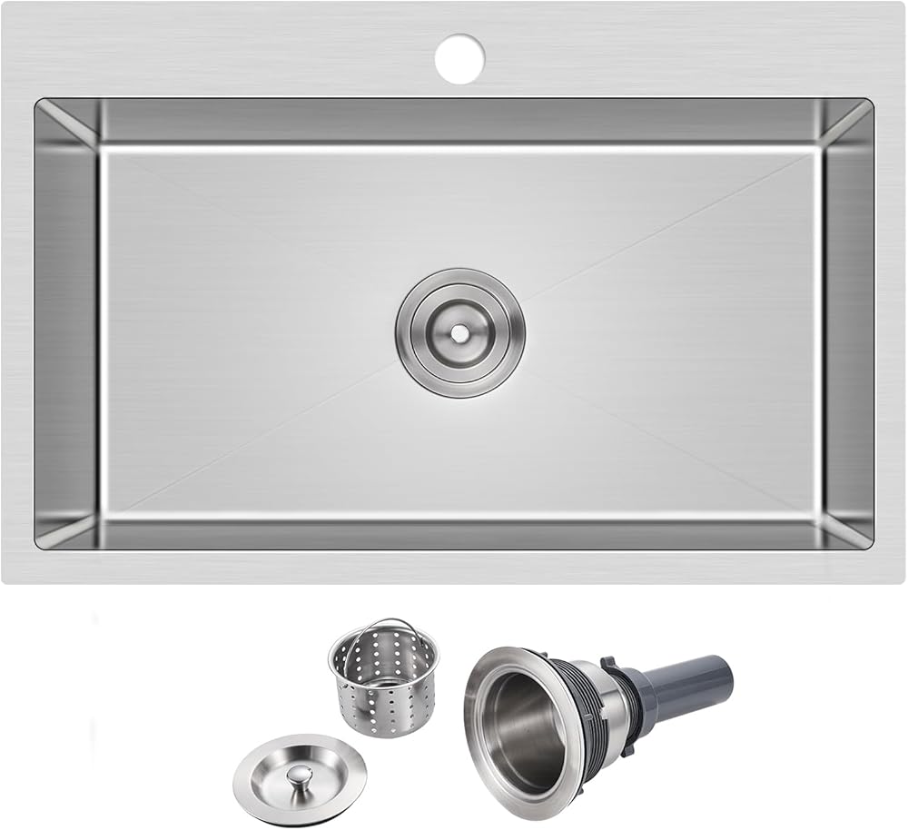 ROVATE 26 ×18 inches Drop-in Kitchen Sink Single Bowl, 304 Stainless Steel Kitchen Sink Handmade, 9 Inches Deep Top-Mount Kitchen Sink with 1 Hole