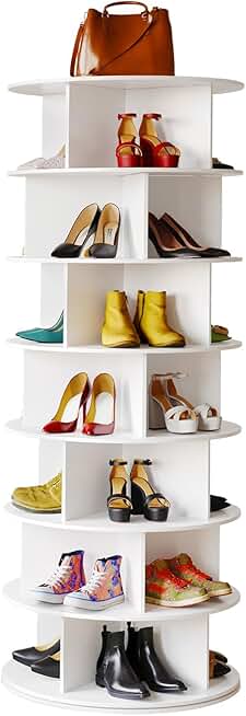 Cross Style 7-Tier Rotating Shoe Organizer, Spinning Shoe Rack Tower, 360 Display Lazy Susan Storage, Handbag Rotate Tower Closet Organization (Modern Style, White)