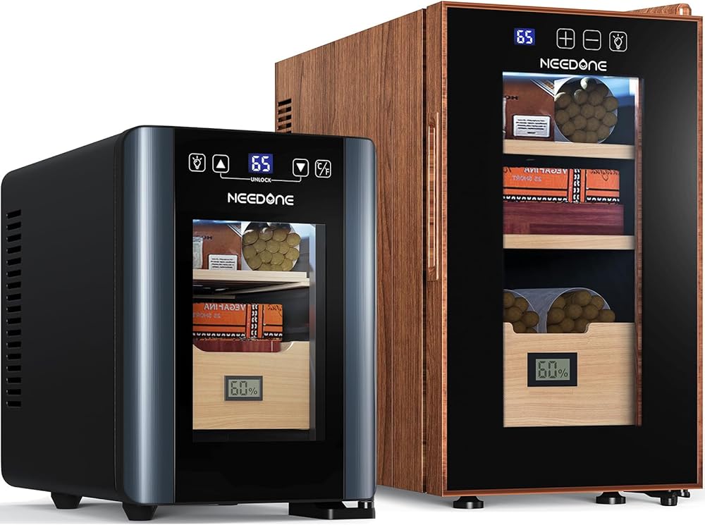 NEEDONE Electric Cigar Humidor 8L&23L with Heating & Cooling Quiet Control, Thermostatic Cooler Cabinet for 230 Counts with Spanish Cedar Wood Shelves Drawer with Hygrometer, Gift for Men