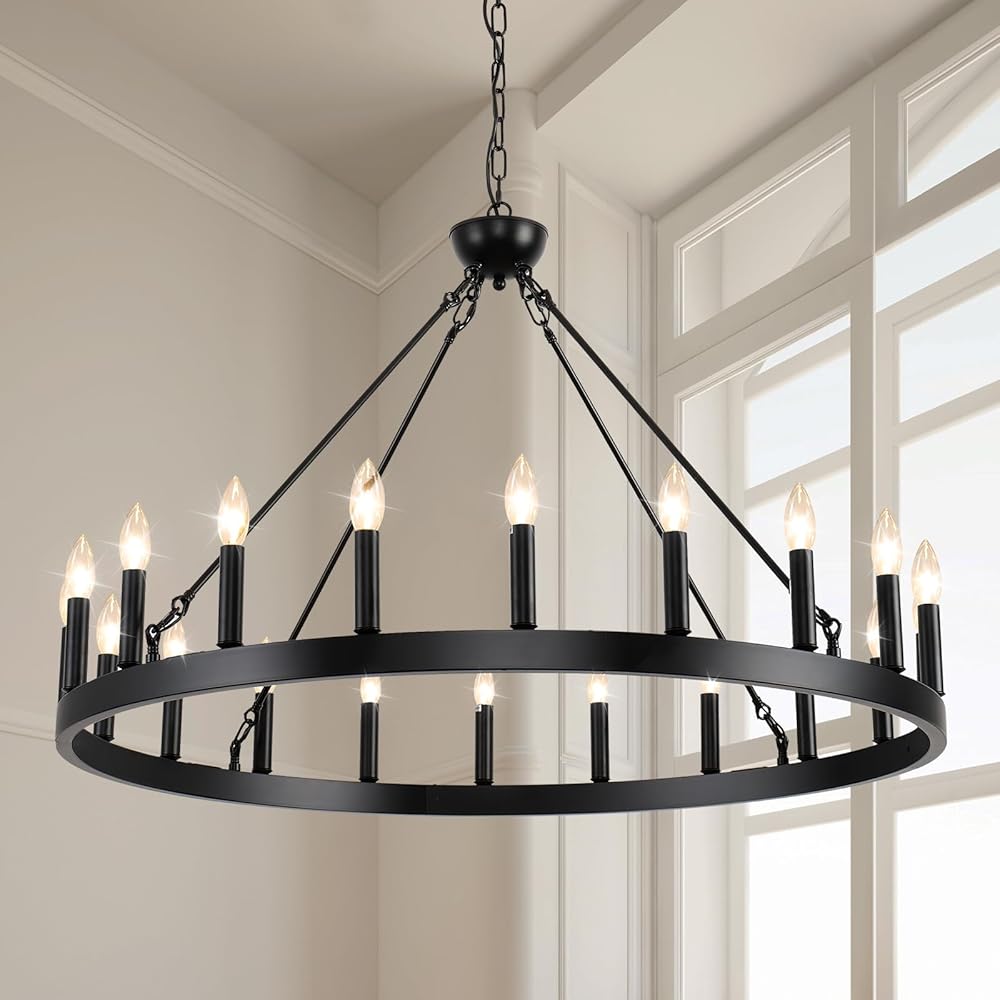Black Wagon Wheel Chandelier 40“ 20-Light, Large Modern Industrial Farmhouse Chandeliers with Adjustable Height, Hanging Island Light Fixture for Dining Living Ceiling Room