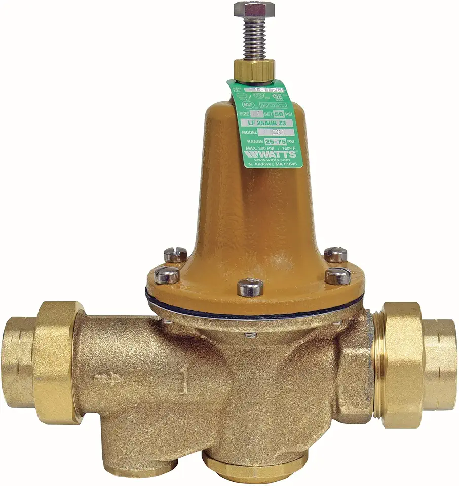 Watts 1-Inch Lead-Free Water Pressure Reducing Valve, Double Union, NPT Female, Polymer Seat, Adjustable 25-75 PSI
