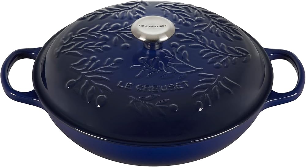 Le Creuset Olive Branch Collection Enameled Cast Iron Signature Braiser, 3.5 qt., Indigo with Embossed Lid