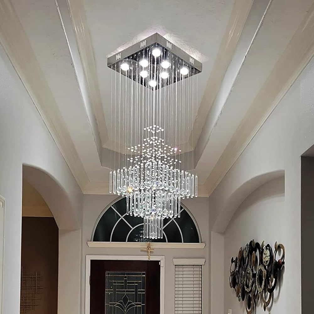 Modern 8 Lights Square Raindrop Chandelier, Luxury 3-Tier Crystal Chandeliers Flush Mount Ceiling Light Pendant for Foyer Entryway Hallway Ceiling Flush Mount Light Fixture of CRYSTOP