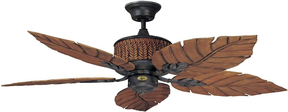 Fernleaf Breeze Tropical Ceiling Fan, 52 Inch | Bohemian Style Iron and 5 Leaf Blades | Damp Rated with Quiet Motor and Downrod Mount | Light Kit Adaptable, Rustic Brown