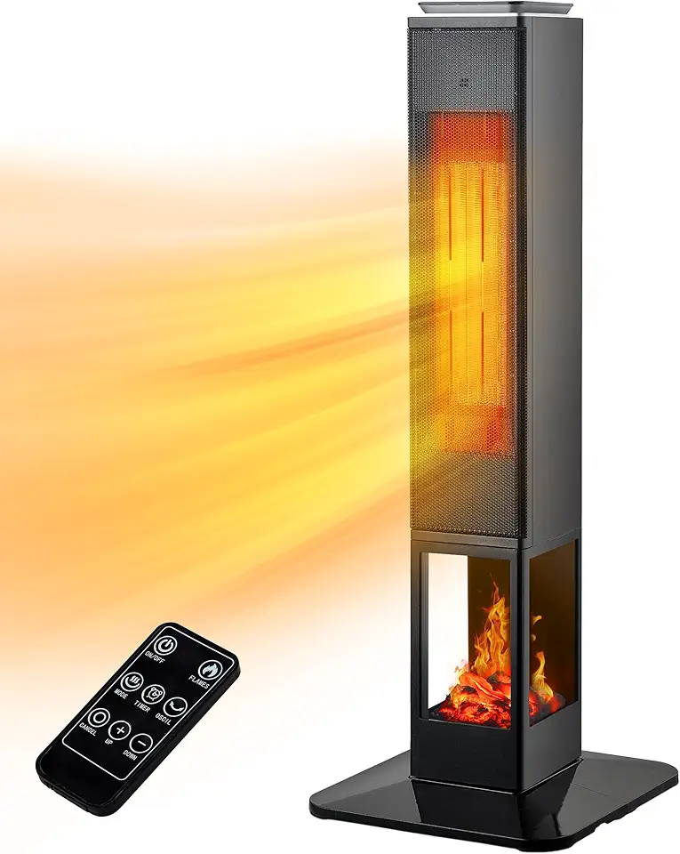 Uthfy Space Heater for Indoor Use Large Room, Tower Space Ceramic Heater with Flame, 24H Timer, Thermostat, Remote, Oscillation, Electric Heater for Office, Room, Bedroom