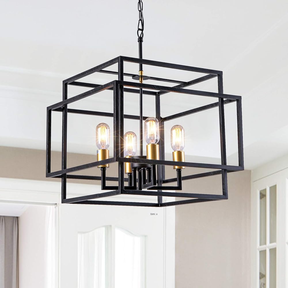 Maxax Modern Square Chandelier, 4-Light Farmhouse Pendant Lighting fixtures, for Kitchen Island, Dining Room, Bedroom, Living room, Black&Gold Finish