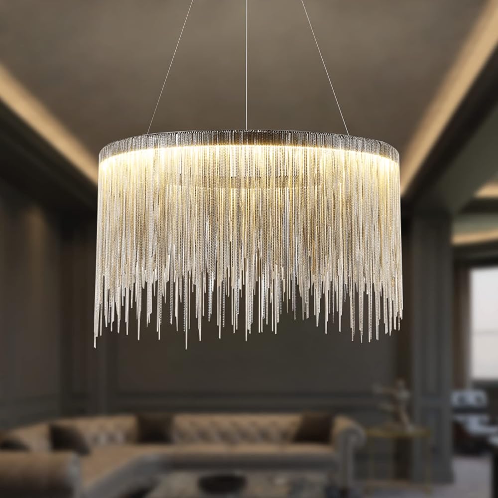 Siljoy Modern Round Aluminum Tassel Chandelier, LED Linear Chrome Chain Pendant Light Stainless Steel Ring Suspension Lighting Fixture for Dining Room Kitchen Island Dia 20