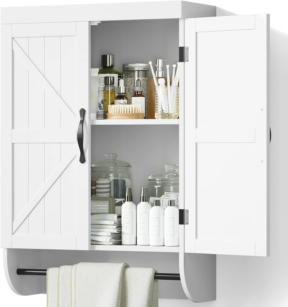 SRIWATANA Bathroom Storage Wall Cabinet Over The Toilet with Adjustable Shelf, Space Saver 2-Door Medicine Cabinet with Metal Bar, White