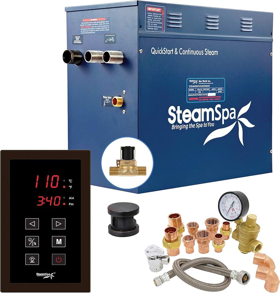 SteamSpa 12kW Steam Sauna Generator Premium Bundle 240V Steam Generator with Touch Pad Control, Steamheads, Pressure Relief Valve, Built-in Auto Drain and Plumber Quick Install Kit PRT1200OB-A