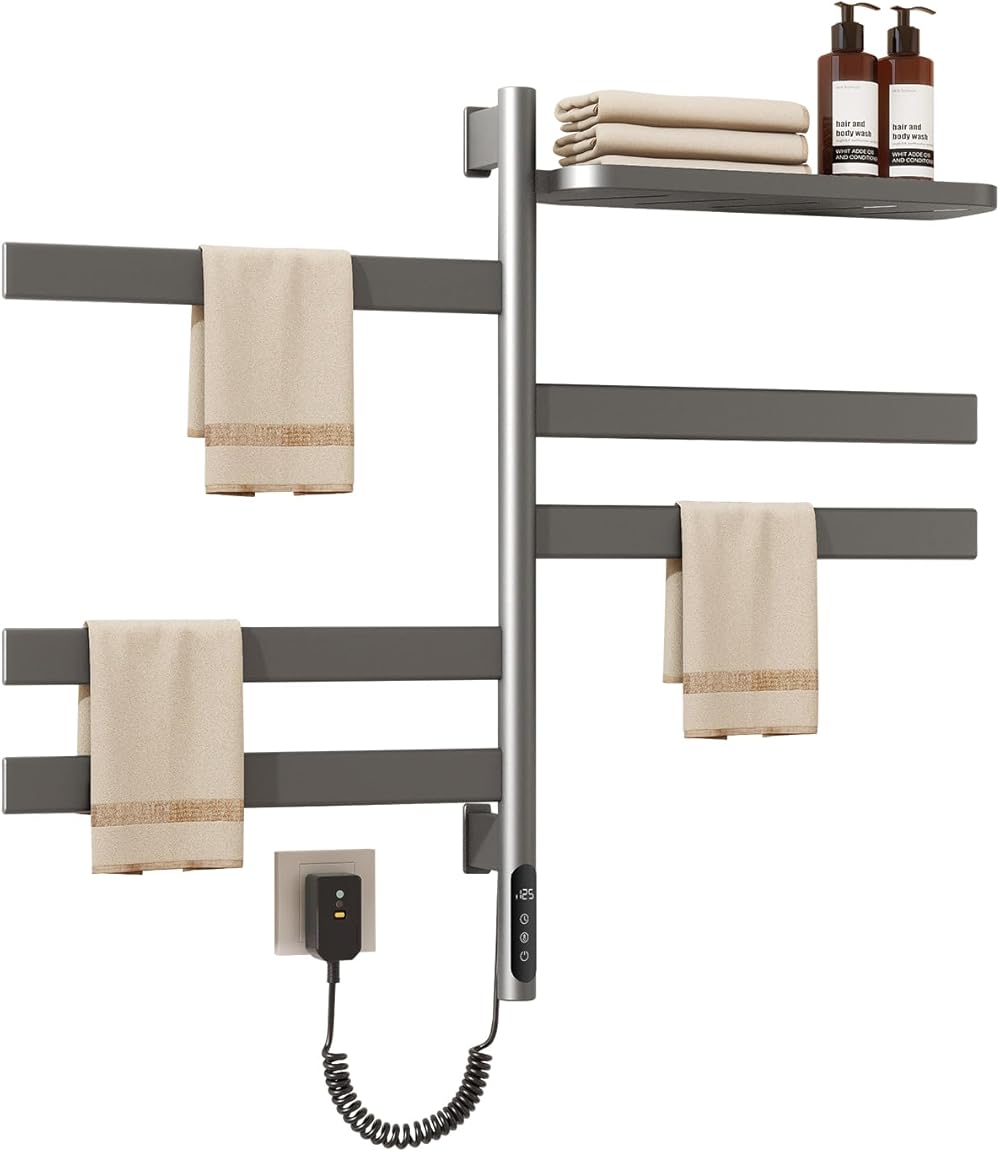 Electric Heated Towel Rack with Storage Rack, Rotating Towel Warmer Wall Mounted Drying Rack,Stainless Steel Towel Warmer 5 Bars with Built-in Timer, Plug-in or Hardwired,Grey