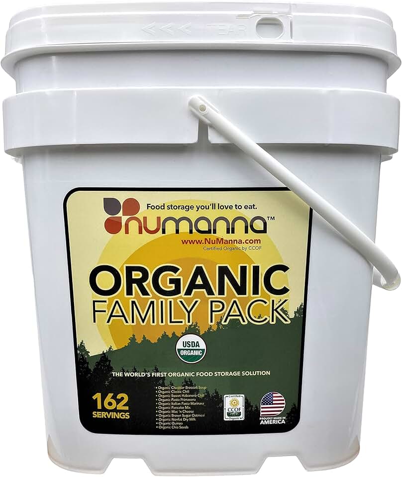NuManna USDA ORGANIC Family Pack 162 Servings, Emergency Survival Food Storage Kit, Separate Rations, in a Bucket, Meals Included Have 25 Year Shelf Life, GMO-Free (Single)
