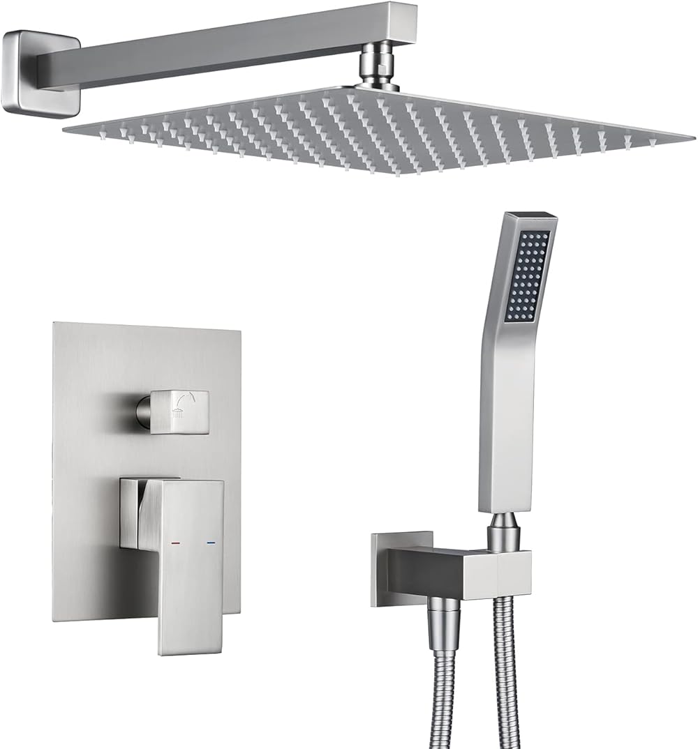Rain Shower System 12 Inches Shower Combo Set Brushed Nickel Wall Mount Faucet Bathroom Faucets with Rainfall Shower Head and Hand Shower