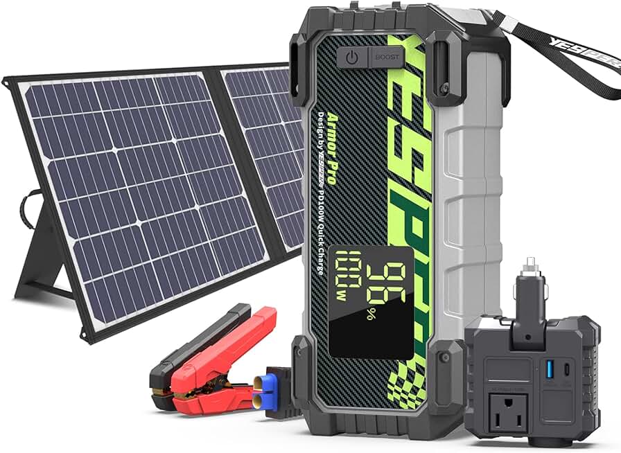 YESPER 240Wh Portable Power Station with Jump Cables and Foldable 100W Solar Panel Charger
