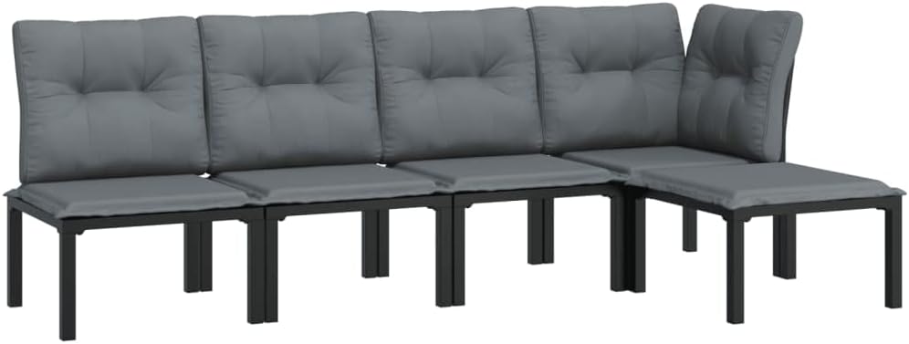 vidaXL Patio Lounge Set 5 Piece, Sectional Sofa Set with Cushions, Conversation Set with Outdoor Footstool, Modern Style, Black and Gray Poly Rattan
