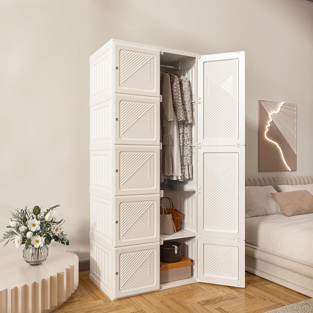 Portable Wardrobe Closet Storage Organizer for Clothes,Folding Plastic Wardrobe with Magnetic Door and Easy Assembly 8 Doors-6 Cubes-1 Hanging Rod.