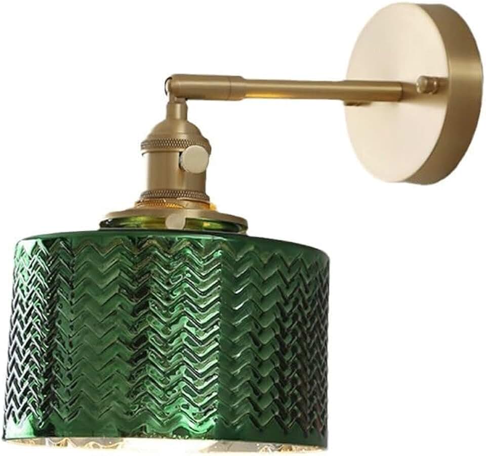 Retro Brass Background Wall Lamp Japanese Green Glass Wall Light 360 Degree Rotating Wall Sconce E27 Screw Light Source Suitable for Bedroom Bedside Lamp Simple Corridor Living Room Lamp