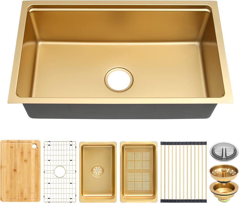 Stainless Steel Workstation Sink, Gold Undermount Kitchen Sink, Single Bowl Kitchen Sinks, 30×18×9 inch