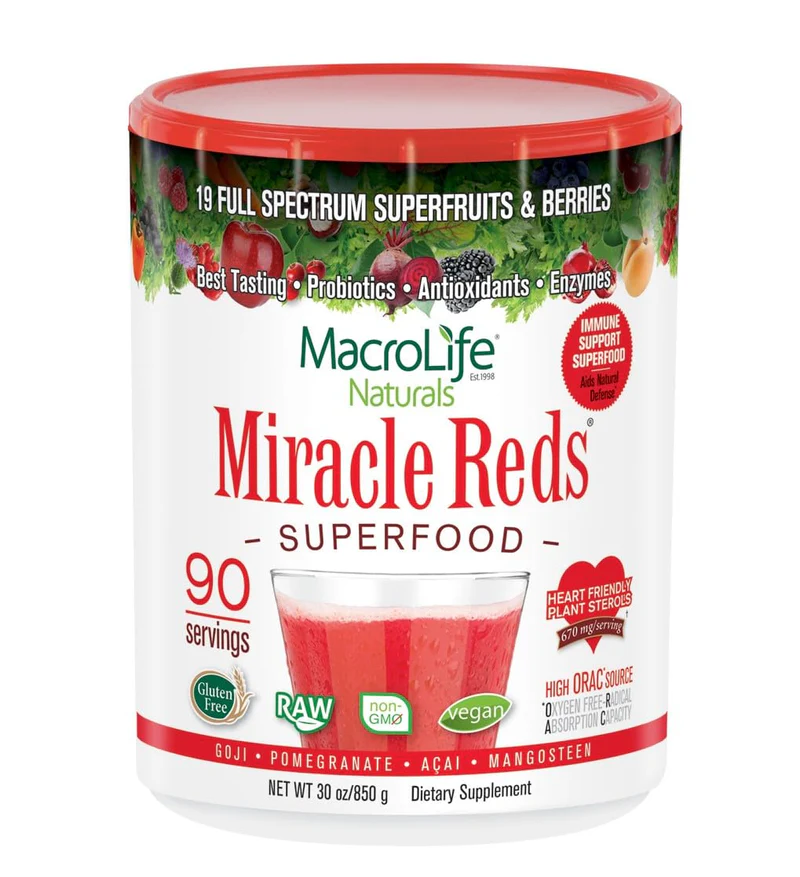 MacroLife Naturals Miracle Reds Superfood Supplement Powder Antioxidants Polyphenols Enzymes Probiotics - Raw Non-GMO Organic Vegan Gluten & Dairy Free - 30oz (90 Servings)
