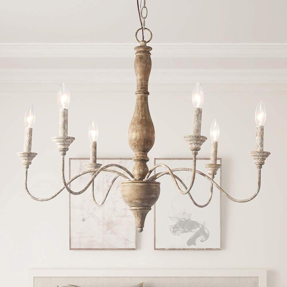 French Country Chandeliers Wood 6 Lights Rust Arms for Dining, Bedroom, Living Room and Bathroom, Brown Lamp body size:D29.5 xH24.5