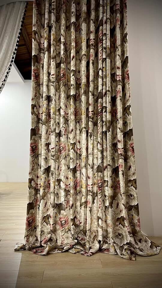 96Inches Long Modern Farmhouse Cotton Linen Curtains for Living Room, Vintage Floral Semi Blackout Curtains for Bedroom Dining Room, 96 Length 1 Panel,Pink/Grey (Pinch Pleated Curtains, 72