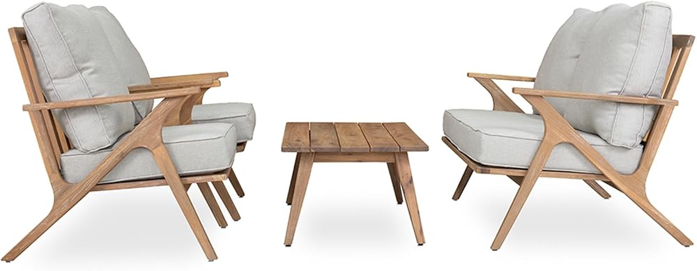 4 PCS Wood Patio Furniture Set, Outdoor Seating Sofa Set with Grey Cushions & Back Pillow, Outdoor Conversation Set with Coffee Table