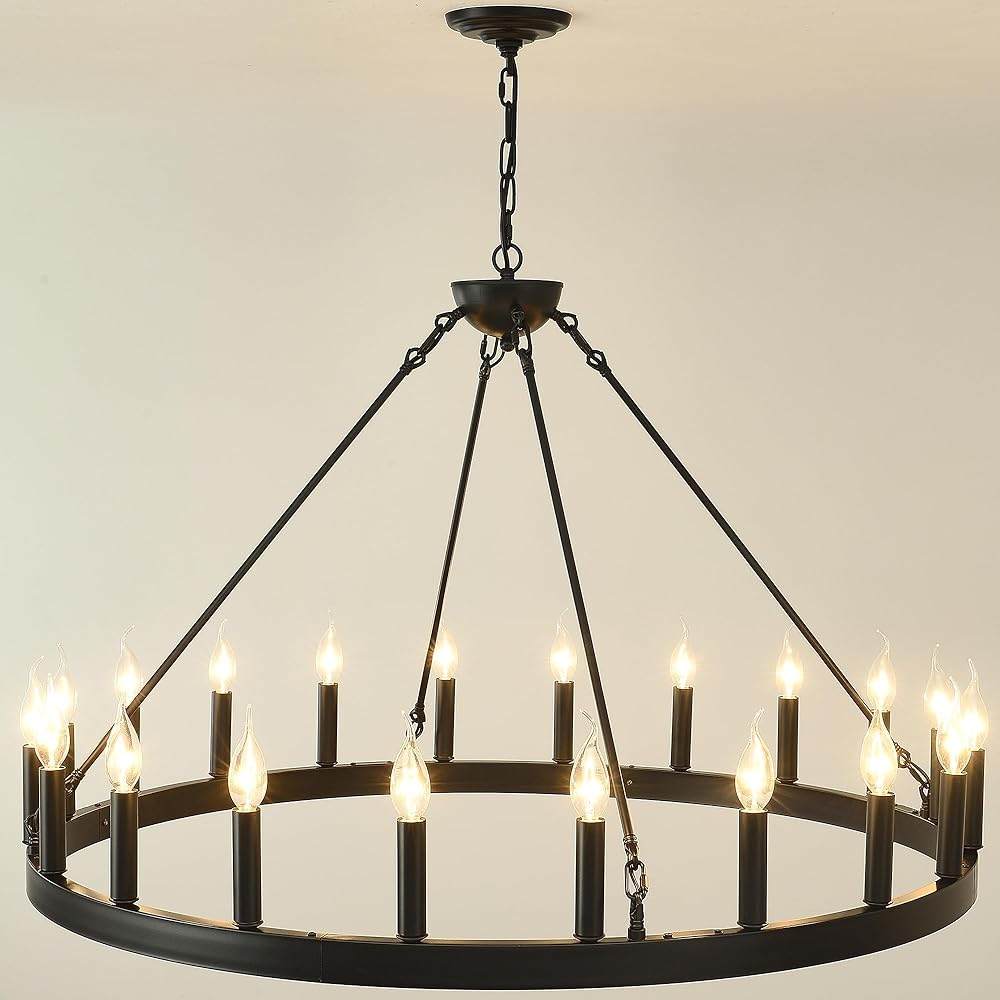 Black Farmhouse Chandelier, Extra Large 40 Inch 20-Light Wagon Wheel Chandelier for High Ceilings, Adjustable Vintage Dining Room Lights (Black 40 Inch 20-Lights)