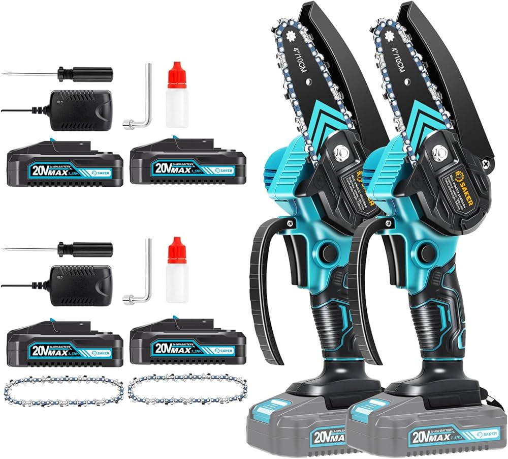 Saker Mini Chainsaw,Portable Electric Chainsaw Cordless(2PCS 20VBatteries) and Saker Mini Chainsaw(2PCS 20VBatteries&3 PCS Chains Blue)