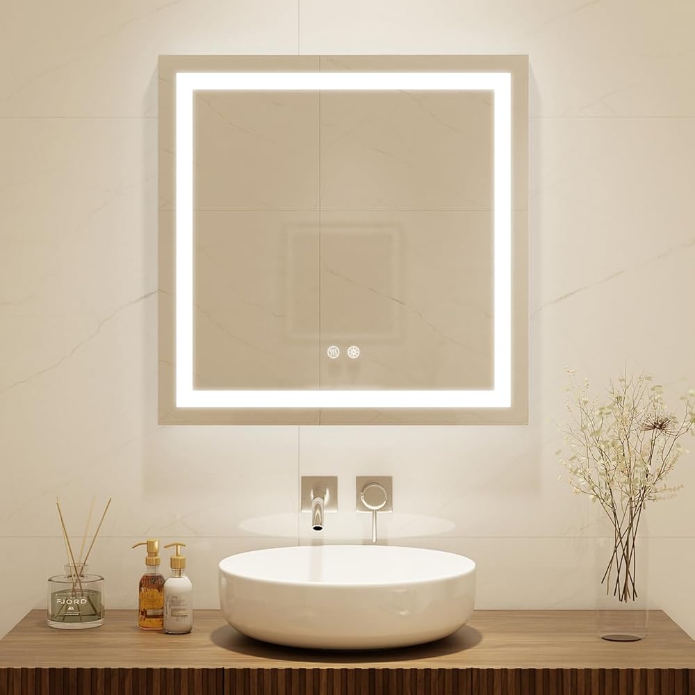 28 X 28 Inch Square LED Bathroom Vanity Mirror, 3 Colors Light Dimmable, Wall Mounted Memory Lighted Makeup Mirror with Anti-Fog Touch Switch (Front-lit&Backlit), 2pcs