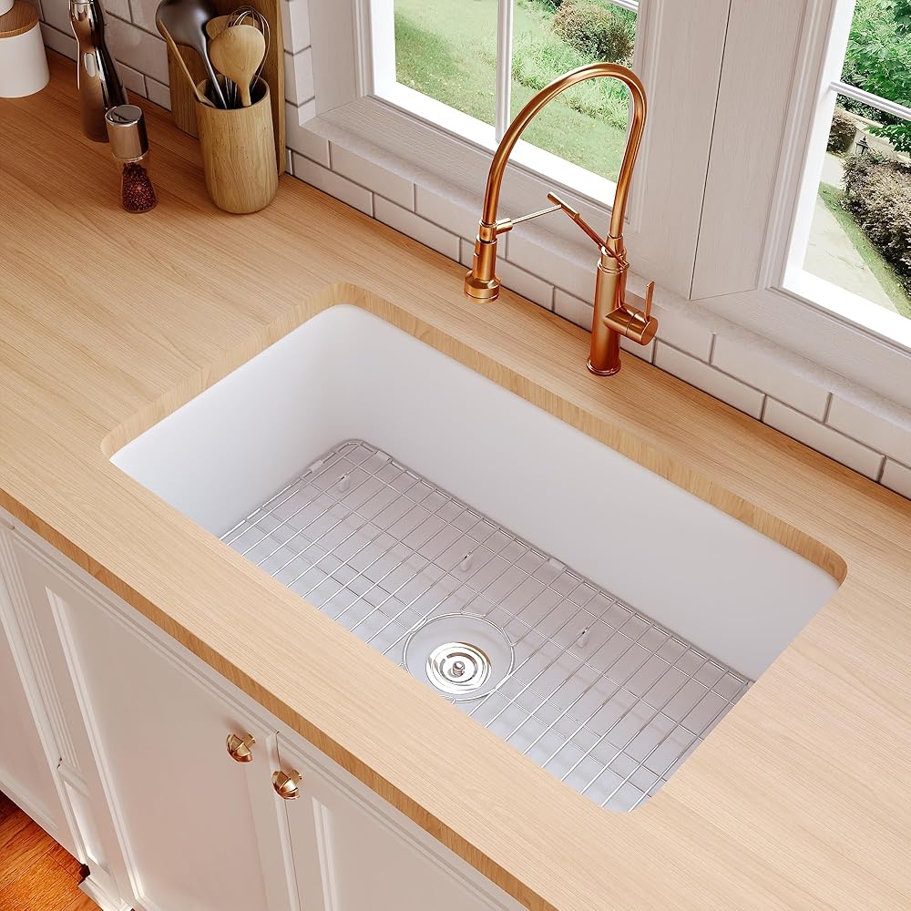 White Fireclay Undermount Kitchen Sink, DeerValley DV-1K513 Single Bowl Kitchen Sink Accessories Workstation Sink with Sink Grid and Basket Strainer 32x20