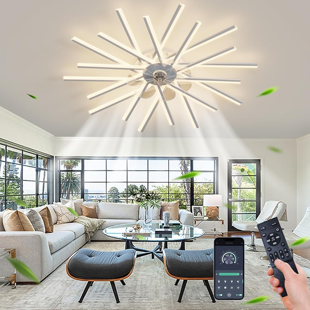 REYDELUZ 44.8'' Ceiling Fan with Lights, Led Ceiling Fan Bedroom Ceiling Lamp Remote Control 3 colors switching Dimming Intelligent 6 Wind Speed Living Room Fan Ceiling Lamp