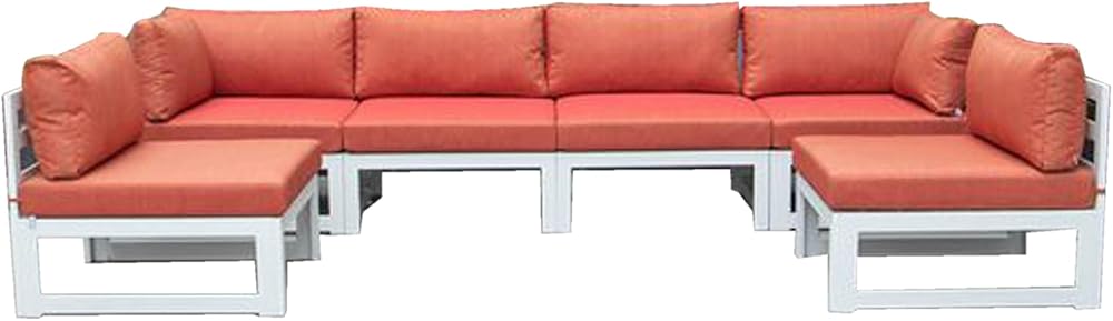 LeisureMod Chelsea Modern Outdoor Patio 6-Piece Conversation Set in White Aluminum with Cushions, Orange